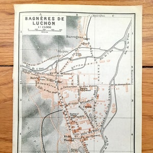 Antigo 1914 Bagneres de Luchon, França Mapa do Baedekers Guide Atlas - Barcugnas, Mairie, Superbagneres, Gare, Promenade, Haute-Garonne