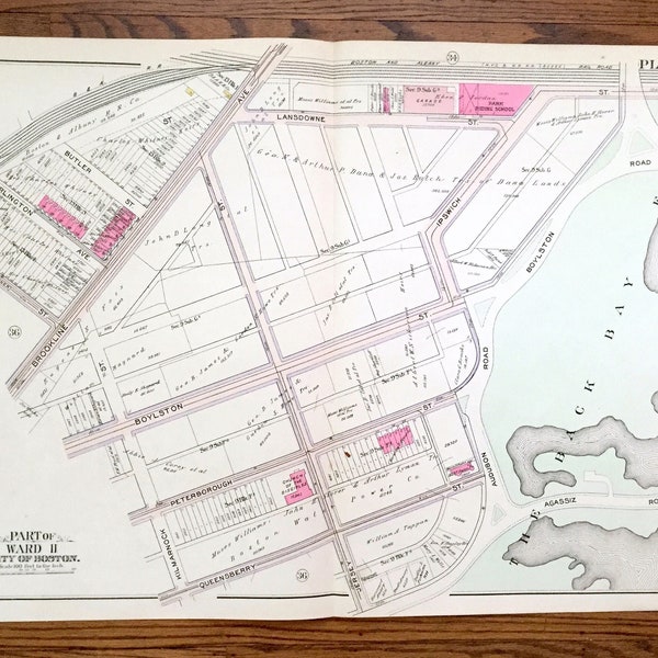 Antique 1908 Fenway Park, Boston, Massachusetts Map from GW Bromley Atlas – Suffolk County, Brookline, Back Bay Fens, Boylston, Kenmore, MA