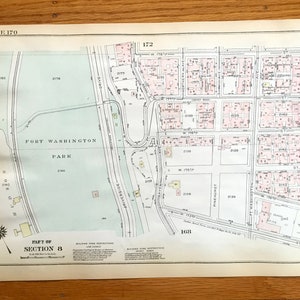 Mapa antiguo de Manhattan, Nueva York del Manhattan Land Book de 1925 de Bromley – Fort Washington Heights, Highbridge Park, Hudson, NYC NY