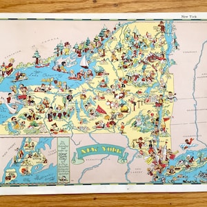 Carte antique de l’État de New York de 1935 tirée de notre géographie gay par Ruth Taylor – Manhattan, Adirondacks, Catskills, Finger Lakes, Long Island, NY NYC
