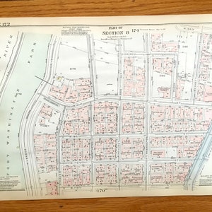 Antike Manhattan, New York Stadtplan aus Bromleys 1925 Manhattan Land Book – Hudson, Highbridge, Fort Washington Park, Heights, NYC NY