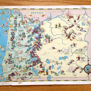 Mapa antiguo del estado de Oregón de 1935 de Our Gay Geography de Ruth Taylor: Portland, Salem, Eugene, Gresham, Hillsboro, Beaverton, Bend, OR