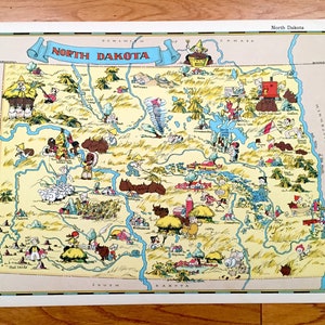 Antike 1938 North Dakota Karte aus Our Gay Geographie von Ruth Taylor - Fargo, Bismarck, Grand Forks, Minto, Williston, Bad Lands, ND