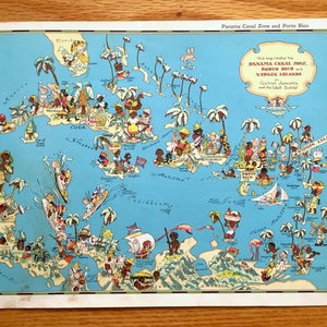 Mapa antigo das Índias Ocidentais de 1935 da Our Gay Geography de Ruth Taylor – Panamá, Porto Rico, Jamaica Cuba Key West Antilles Virgin Caribbean FL