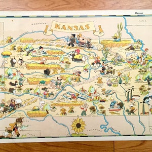 Mapa antiguo del estado de Kansas de 1938 de Our Gay Geography de Ruth Taylor: Wichita, Olathe, City, Lawrence, Overland Park, Topeka, Dodge, KS