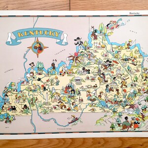 Antike 1935 Karte des Bundesstaates Kentucky aus Our Gay Geographie von Ruth Taylor – Louisville, Lexington, Fayette, Bowling Green, Owensboro, KY