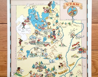 Antique 1935 Utah Map from Our Gay Geography by Ruth Taylor – Salt Lake City, Provo, West Jordan, Mormon Church, Orem, Ogden, St George, UT