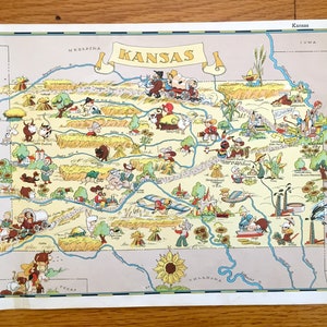 Antike 1935 Kansas State Karte aus unserer Gay Geographie von Ruth Taylor - Wichita, Olathe, City, Lawrence, Overland Park, Topeka, Dodge, KS