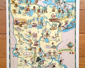 Antique 1935 Minnesota State Map from Our Gay Geography by Ruth Taylor – Minneapolis, St Paul, Rochester, Duluth, Bloomington, Plymouth, MN