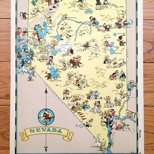 Antike 1938 Karte des Bundesstaates Nevada aus Our Gay Geographie von Ruth Taylor – Las Vegas, Henderson, Reno, Lake Tahoe, Carson City, Paradise, Nevada