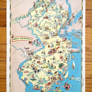 Mapa antiguo del estado de Nueva Jersey de 1935 de Our Gay Geography por Ruth Taylor - Newark, Jersey City, Shore, Beach, Trenton, Princeton, Cape May NJ