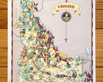 Antique 1935 Idaho State Map from Our Gay Geography by Ruth Taylor – Boise, Meridian, Nampa, Falls, Driggs, Panhandle, Yellowstone Park, ID