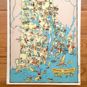 Antique 1935 Rhode Island Map from Our Gay Geography by Ruth Taylor – Providence, Narragansett Bay, Newport, Greenwich, Westerly, Brown, RI