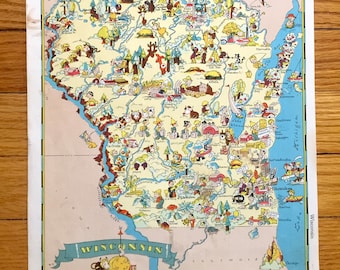 Antique 1935 Wisconsin Map from Our Gay Geography by Ruth Taylor – Milwaukee, Madison, Green Bay, Kenosha, Racine, Appleton, Waukesha, WI