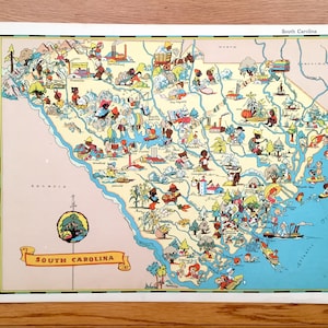 Antieke kaart South Carolina State uit 1935 uit Our Gay Geography door Ruth Taylor – Charleston, Columbia, Mount Pleasant, Rock Hill, Greenville SC