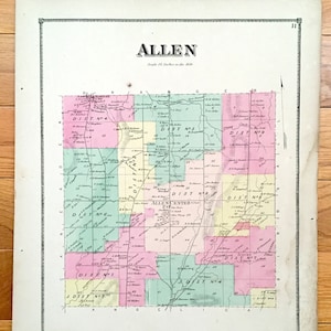 Antik 1869 Allen, New York Karte von D.G. Beers Atlas of Allegany County – Wigwam Creek, Aristoteles, Polish Mountain, West, State Road, NY
