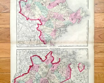 Antyczna mapa topograficzna hrabstwa Norfolk i Essex w stanie Massachusetts z 1871 r. z atlasu Stedman Brown Lyon – Boston, Salem, Newburyport, Ipswich, MA
