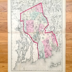 Antigüedad 1871 Bristol County, Massachusetts Mapa topográfico de Stedman Brown & Lyon Atlas – Fall River, New Bedford Westport Dartmouth MA