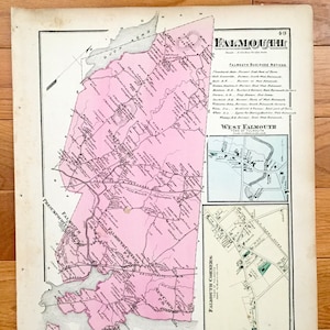 Antike 1871 Falmouth, Maine Karte von F.W. Beers Atlas von Cumberland County – New Casco, Presumpscott Falls, Portland, Ententeich, Piscatquis