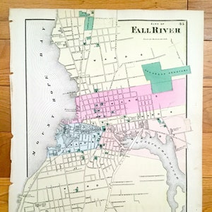 Antike 1871 Stadt Fall River, Massachusetts Karte von F.W. Beers Atlas von Bristol County – Mount Hope Bay, Taunton, Quequechan River, MA