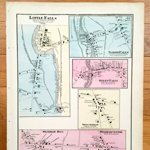 May include: An antique map of the town of Windham, Vermont, showing the locations of Little Falls, Gambo Falls, Steep Falls, West Gorham, Windham Hill, and Windham Centre. The map is printed in black and white with colored accents.