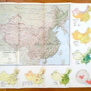 Antieke Chinese kaart uit de jaren 60: communistisch, Tibet, Birma, Mongolië, Sovjet-Unie, Noord-, Zuid-Korea, Taiwan, Hongkong, Nepal, India, Bhutan, Azië