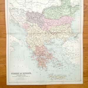Antigo mapa da Turquia na Europa de 1888 do Atlas Mundial de A&C Black - Grécia, Macedônia, Bulgária, Albânia, Atenas, Montenegro, Sérvia, Hungria