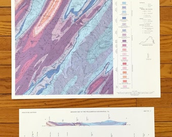 May include: A vintage geological map of the Williamsville Quadrangle, Virginia. The map shows the geological formations and features of the area, including the location of faults, folds, and other geological structures. The map is printed in black and white with colored lines and symbols to represent different geological units.