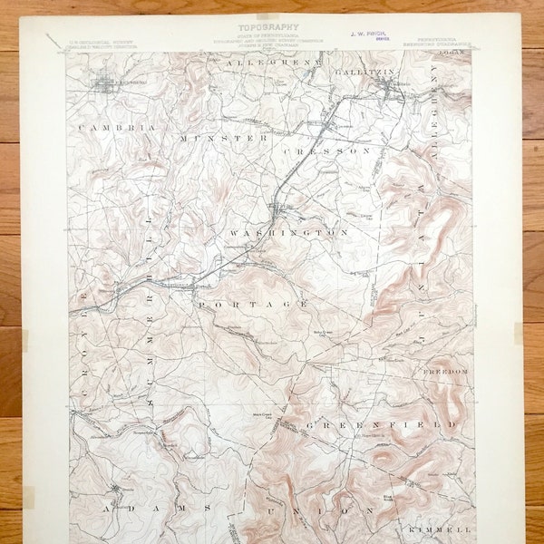 Antique Ebensburg, Pennsylvania 1904 US Geological Survey Topographic Map – Cambria County, Allegheny, Logan, Portage, Munster Summerhill PA