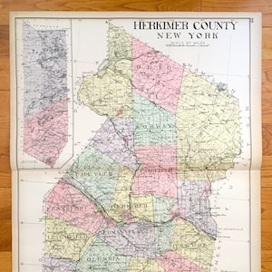 Antike Atlas-Karte von Herkimer County, New York 1911 - Mohawk, Ilion, Little Falls, Grant, Winfield, Atwell, Old Forge, Fairfield NY