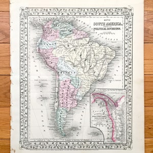 Antik 1871 Südamerika Karte von S. Augustus Mitchell – Brasilien, Chile, Argentinien, Patagonien, Kolumbien, Venezuela, Peru, Ecuador, Bolivien