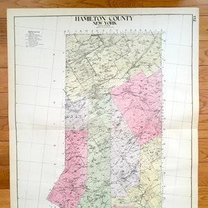 Antik Hamilton County, New York 1912 New Century Atlas Karte – Adirondacks, Lake Pleasant, Piseco, Raquette, Sacandaga Arietta Speculator NY