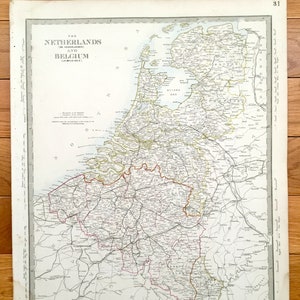 Antique 1856 Pays-Bas et Belgique Carte de SDUK Atlas - Allemagne, Luxembourg, Amsterdam, Rotterdam, La Haye, Bruxelles, Utrecht, Bruges
