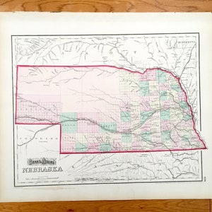 Antike 1874 Nebraska State Karte von O.W. Grays Atlas der Vereinigten Staaten von Amerika; Stedman, Brown & Lyon – Lincoln, Omaha, North Platte, NE