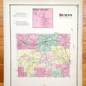 Antike 1869 Burns, New York Karte von D.G. Beers Atlas of Allegany County – Garwood Station, Canaseraga, Gas Springs, Mastin Corners, NY