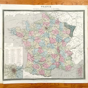 Antike 1869 Frankreich Karte von Atlas National von Migeon – Paris, Marseille, Toulouse, Bordeaux, Lille, Nantes, Lyon, Corisica, Normandie