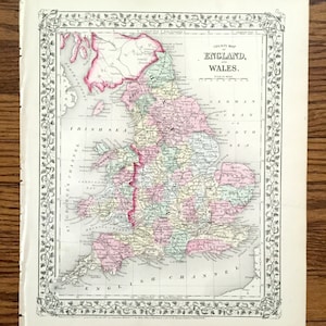 Antique 1867 England & Wales Map by S. Augustus Mitchell – Reino Unido, Gran Bretaña, Londres, Liverpool, Támesis, Manchester, Oxford, Reino Unido