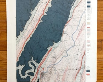 May include: A vintage geological map of the Sequatchie and Hamilton areas of Tennessee. The map is printed in black, blue, red, and pink on a white background. The map shows the geological formations of the area, including the Sequatchie Valley and the Cumberland Plateau.