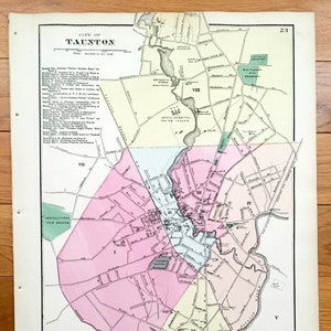 Antike 1871 Taunton, Massachusetts Karte von F.W. Beers Atlas von Bristol County – Westville, Myrickville, Bear Hole, Oakland, Scadding Pond