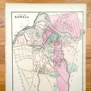 Antik 1871 Lowell & Lawrence, Massachusetts Doppelseitige topografische Karte von Stedman und Lyon Atlas – Belvidere, Merrimack, Middlesex