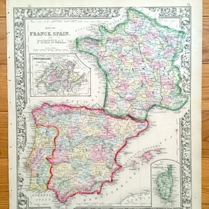 France antique, Espagne & Portugal 1860 Août Mitchell Carte – Suisse, Europe, Paris, Madrid, Lisbonne, Corse, Méditerranée, Gibraltar