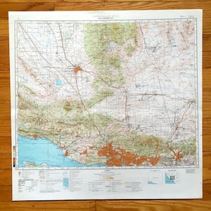 Antike SOWJETISCHE Los Angeles, Kalifornien 1955 Russland Army Survey Map – Hollywood, Beverly Hills, Santa Barbara, Malibu, San Bernardino, CA