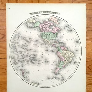 Mapa antiguo del hemisferio occidental de 1874 de O.W. Atlas de Gray de los Estados Unidos de América y el Mundo; Stedman, Brown & Lyon – EE. UU., Globo terráqueo, Tierra