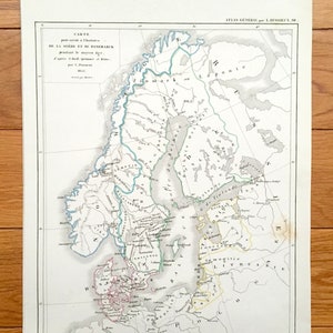 Antike Landkarte skandinavien 1855 aus dem Dussieux Atlas Generale – Schweden, Norwegen, Dänemark, Finnland, Estland, Litauen, Lettland, Russland, Ostsee