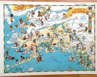 Antique 1935 Alaska State Map from Our Gay Geography by Ruth Taylor – Anchorage, Juneau, Fairbanks, Eagle River, Aleutian Islands, Canada AK
