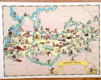 Antique 1935 Tennessee State Map from Our Gay Geography by Ruth Taylor – Nashville, Davidson, Memphis, Knoxville, Chattanooga Clarksville TN