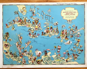 Antike 1935 Westindische Karte aus Our Gay Geographie von Ruth Taylor – Panama, Puerto Rico, Jamaika Cuba Key West Antillen Jungfrau Karibik FL