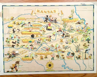 Antique 1938 Kansas State Map from Our Gay Geography by Ruth Taylor – Wichita, Olathe, City, Lawrence, Overland Park, Topeka, Dodge, KS