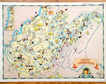 Antique 1935 West Virginia State Map from Our Gay Geography by Ruth Taylor – Charleston, Huntington, Monongahela Forest, Panhandle, Davis WV