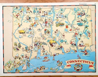 Antique 1938 Connecticut State Map from Our Gay Geography by Ruth Taylor – Hartford, New London, New Haven, Greenwich, Yale, Stamford, CT